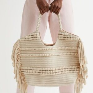 H&M Cream Cotton Boho Fringe Knit Summer Tote Beach Bag Purse  Casual